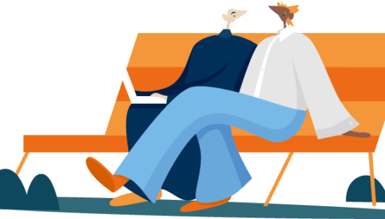 An illustration of two people sat on a bench