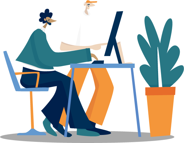 Illustration of a person sat at a desk with a colleague