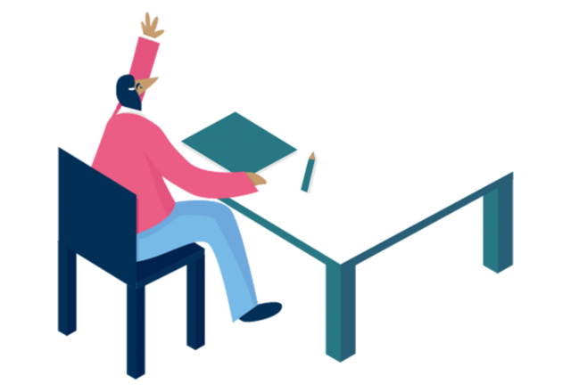 Illustration of a student putting their hand up in class